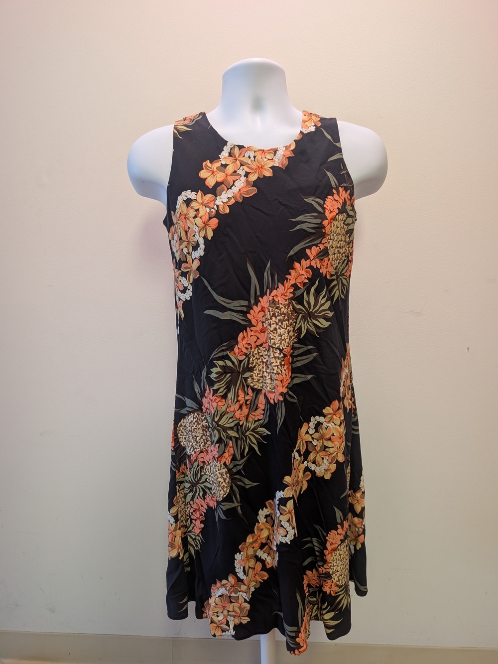 Hilo Hattie Black Dress with Orange and Cream Tropical Print